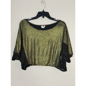 Free People Black Lace and Gold Foil New Years Top Short Dolman Sleeve Size XS